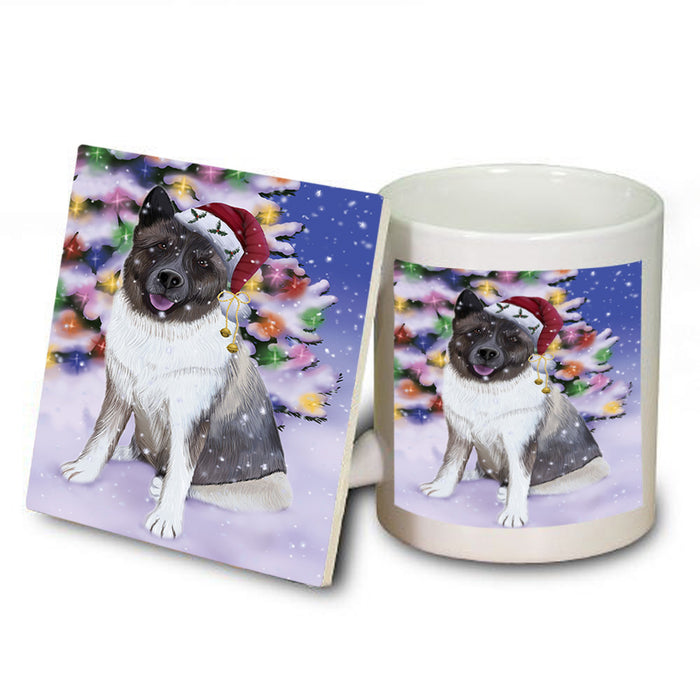 Winterland Wonderland Akita Dog In Christmas Holiday Scenic Background Mug and Coaster Set MUC55667