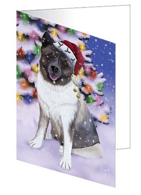 Winterland Wonderland Akita Dog In Christmas Holiday Scenic Background Handmade Artwork Assorted Pets Greeting Cards and Note Cards with Envelopes for All Occasions and Holiday Seasons GCD71540