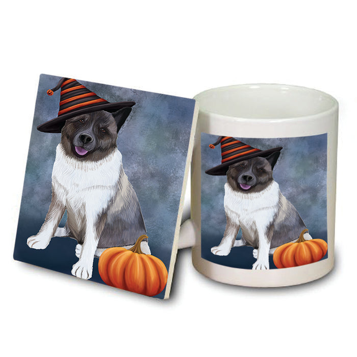 Happy Halloween Akita Dog Wearing Witch Hat with Pumpkin Mug and Coaster Set MUC54904