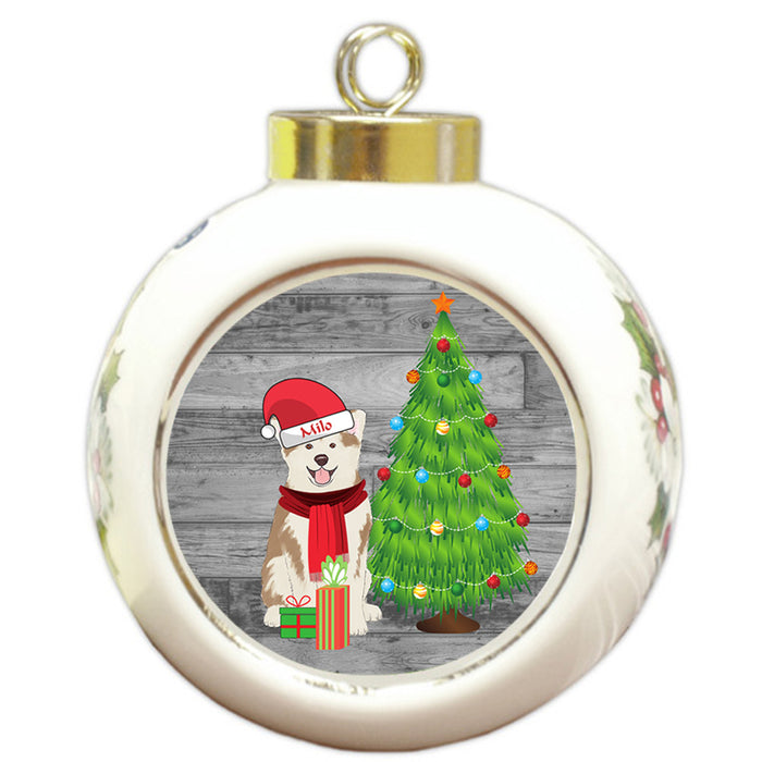 Custom Personalized Akita Dog With Tree and Presents Christmas Round Ball Ornament