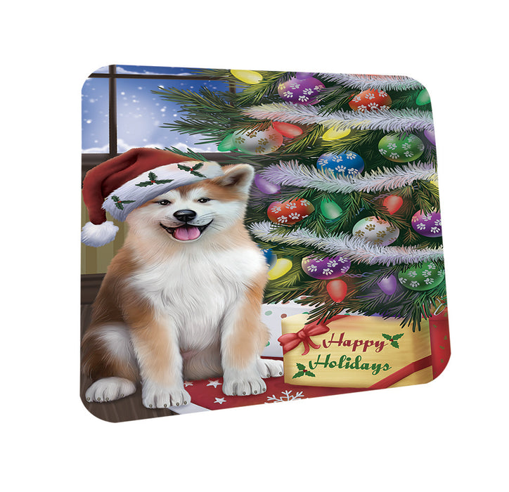 Christmas Happy Holidays Akita Dog with Tree and Presents Coasters Set of 4 CST53391