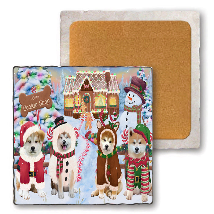 Holiday Gingerbread Cookie Shop Akitas Dog Set of 4 Natural Stone Marble Tile Coasters MCST51092