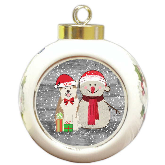Custom Personalized Snowy Snowman and Akita Dog Christmas Round Ball Ornament