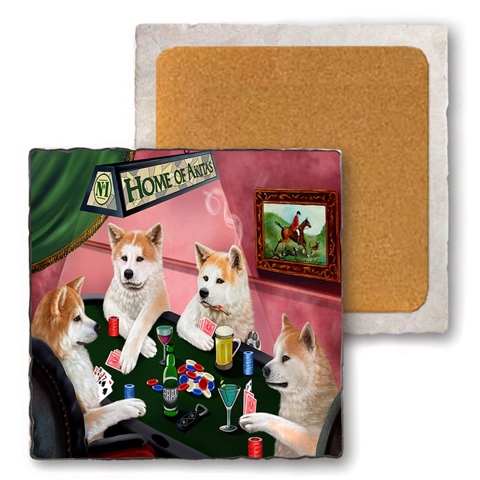 Home of Akita 4 Dogs Playing Poker Set of 4 Natural Stone Marble Tile Coasters MCST49344