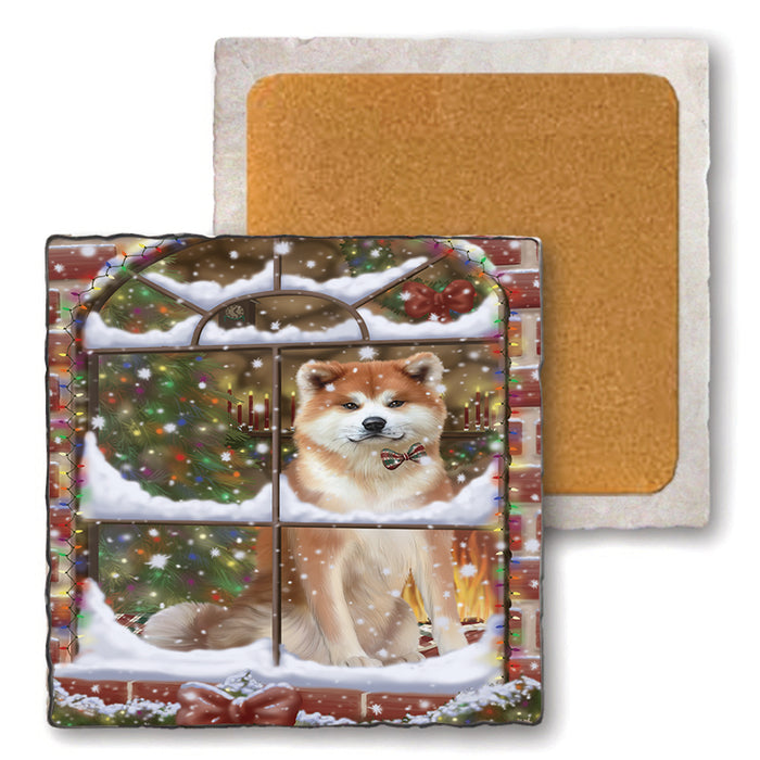 Please Come Home For Christmas Akita Dog Sitting In Window Set of 4 Natural Stone Marble Tile Coasters MCST48607