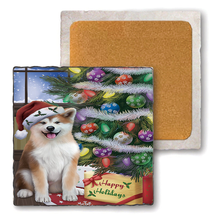 Christmas Happy Holidays Akita Dog with Tree and Presents Set of 4 Natural Stone Marble Tile Coasters MCST48433