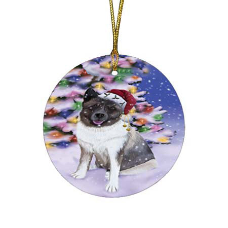 Winterland Wonderland Akita Dog In Christmas Holiday Scenic Background Round Flat Christmas Ornament RFPOR56031