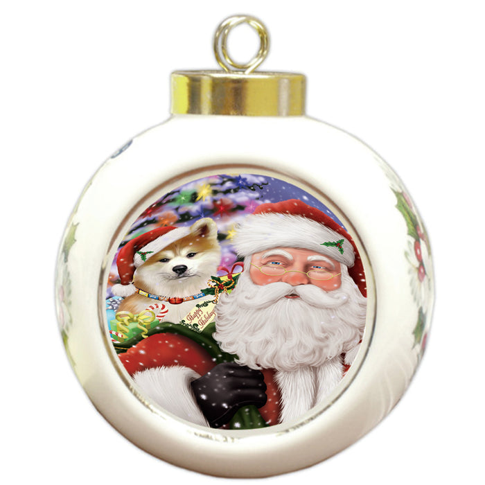 Santa Carrying Akita Dog and Christmas Presents Round Ball Christmas Ornament RBPOR53664