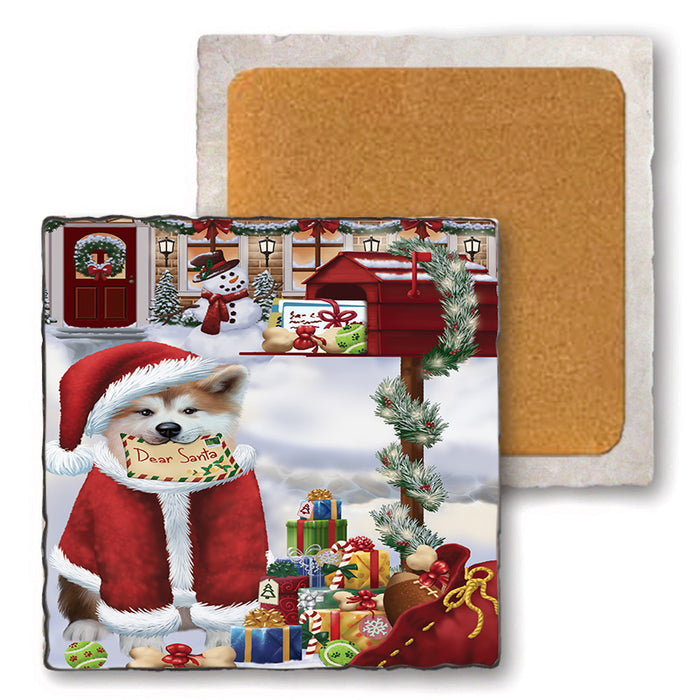 Akita Dog Dear Santa Letter Christmas Holiday Mailbox Set of 4 Natural Stone Marble Tile Coasters MCST48514