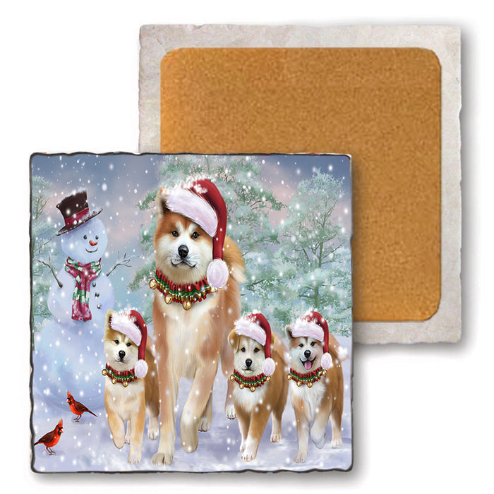 Christmas Running Family Dogs Akitas Dog Set of 4 Natural Stone Marble Tile Coasters MCST49216