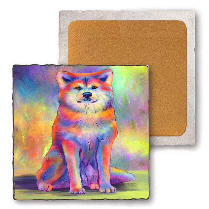 Paradise Wave Akita Dog Set of 4 Natural Stone Marble Tile Coasters MCST51683