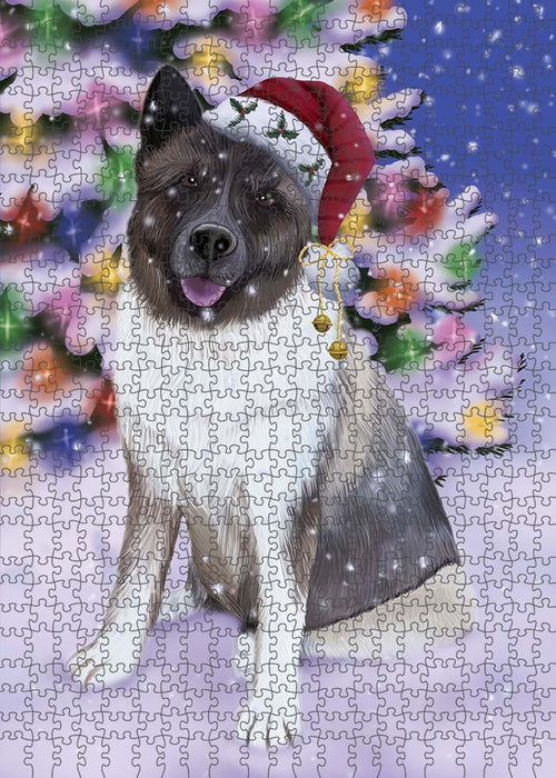 Winterland Wonderland Akita Dog In Christmas Holiday Scenic Background Puzzle with Photo Tin PUZL90904