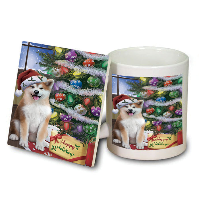 Christmas Happy Holidays Akita Dog with Tree and Presents Mug and Coaster Set MUC53425