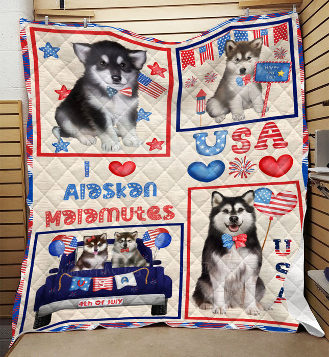 4th of July Independence Day I Love USA Alaskan Malamute Dogs Quilt Bed Coverlet Bedspread - Pets Comforter Unique One-side Animal Printing - Soft Lightweight Durable Washable Polyester Quilt
