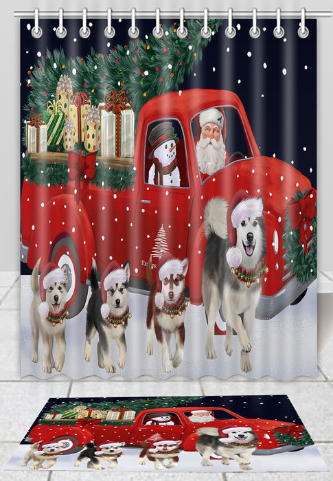 Christmas Express Delivery Red Truck Running Alaskan Malamute Dogs Bath Mat and Shower Curtain Combo