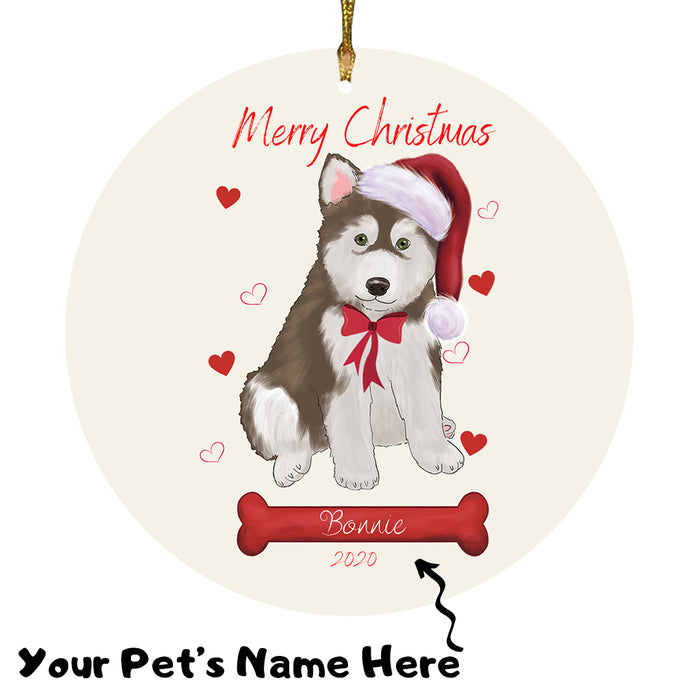 Personalized Merry Christmas  Alaskan Malamute Dog Christmas Tree Round Flat Ornament RBPOR58892