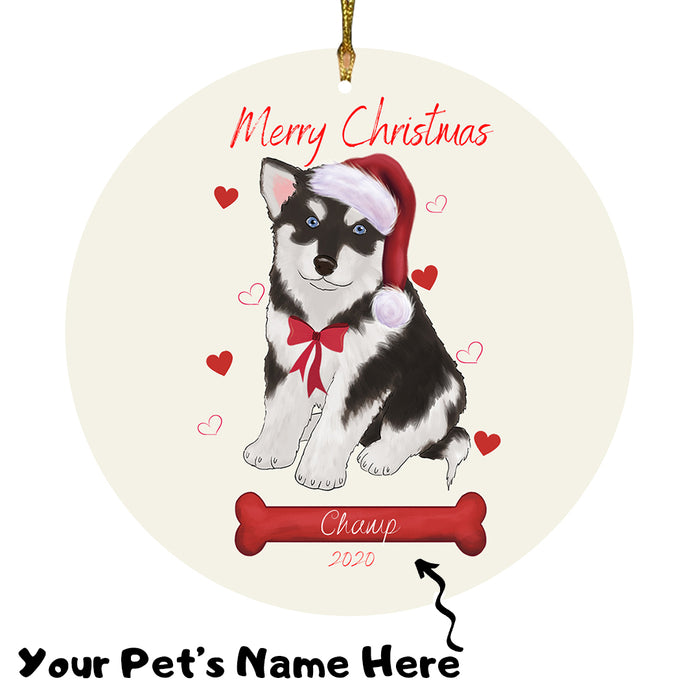 Personalized Merry Christmas  Alaskan Malamute Dog Christmas Tree Round Flat Ornament RBPOR58893