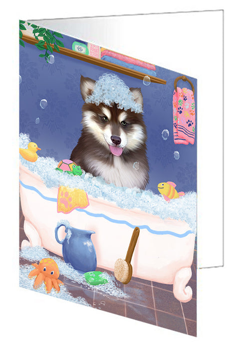 Rub A Dub Dog In A Tub Alaskan Malamute Dog Handmade Artwork Assorted Pets Greeting Cards and Note Cards with Envelopes for All Occasions and Holiday Seasons GCD79169