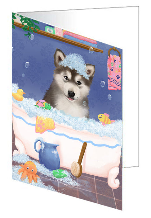 Rub A Dub Dog In A Tub Alaskan Malamute Dog Handmade Artwork Assorted Pets Greeting Cards and Note Cards with Envelopes for All Occasions and Holiday Seasons GCD79172
