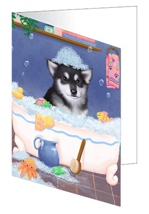 Rub A Dub Dog In A Tub Alaskan Malamute Dog Handmade Artwork Assorted Pets Greeting Cards and Note Cards with Envelopes for All Occasions and Holiday Seasons GCD79175