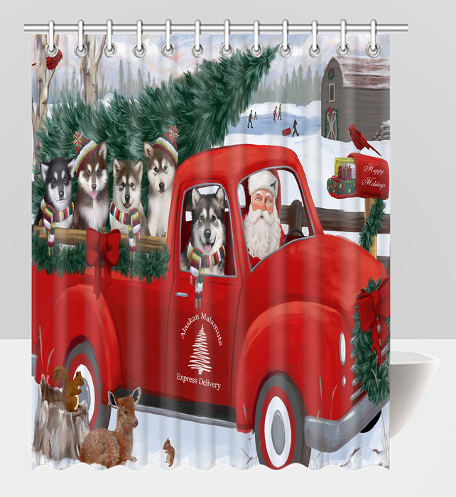 Christmas Santa Express Delivery Red Truck Alaskan Malamute Dogs Shower Curtain