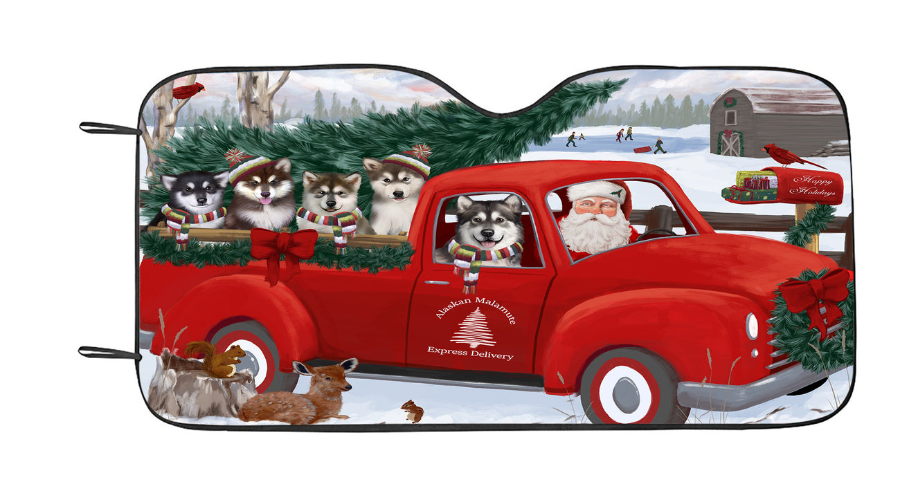 Christmas Santa Express Delivery Red Truck Alaskan Malamute Dogs Car Sun Shade