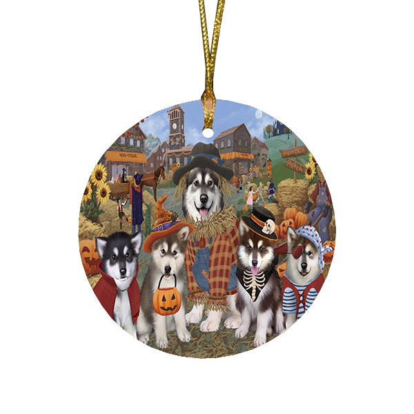 Halloween 'Round Town And Fall Pumpkin Scarecrow Both Alaskan Malamute Dogs Round Flat Christmas Ornament RFPOR57363