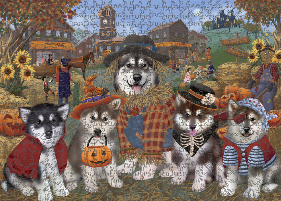 Halloween 'Round Town And Fall Pumpkin Scarecrow Both Alaskan Malamute Dogs Puzzle with Photo Tin PUZL96144