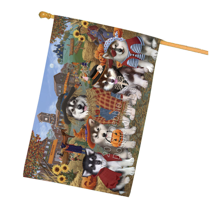 Halloween 'Round Town And Fall Pumpkin Scarecrow Both Alaskan Malamute Dogs House Flag FLG65615