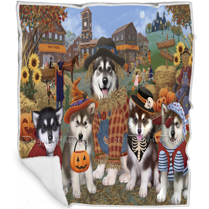 Halloween 'Round Town And Fall Pumpkin Scarecrow Both Alaskan Malamute Dogs Blanket BLNKT138593