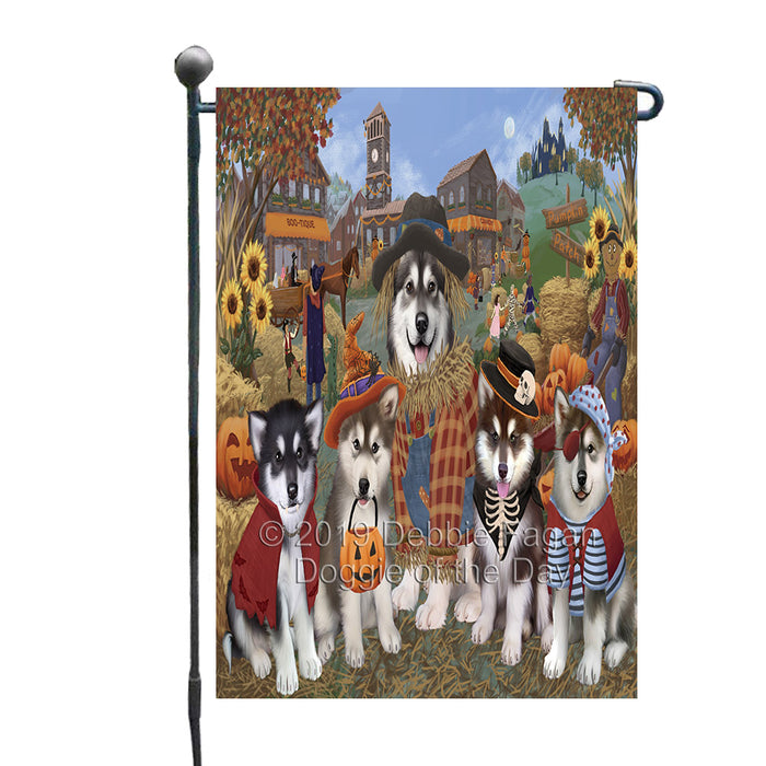 Halloween 'Round Town And Fall Pumpkin Scarecrow Both Alaskan Malamute Dogs Garden Flag GFLG65559