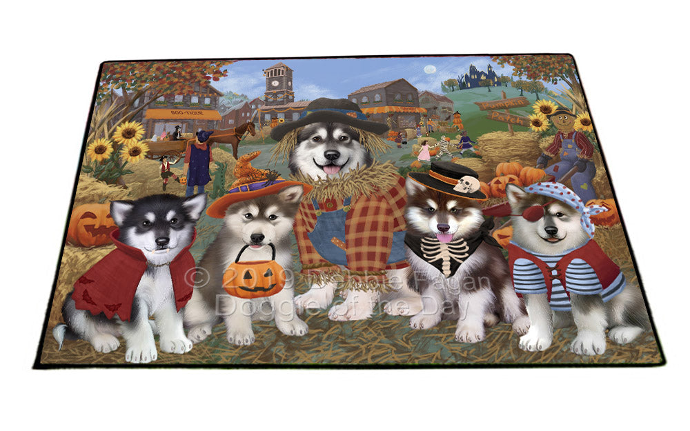 Halloween 'Round Town And Fall Pumpkin Scarecrow Both Alaskan Malamute Dogs Floormat FLMS53822
