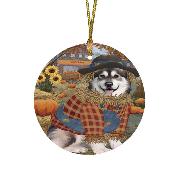 Halloween 'Round Town And Fall Pumpkin Scarecrow Both Alaskan Malamute Dogs Round Flat Christmas Ornament RFPOR57424