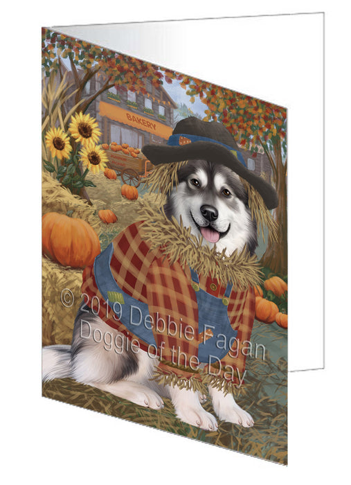 Fall Pumpkin Scarecrow Alaskan Malamute Dog Handmade Artwork Assorted Pets Greeting Cards and Note Cards with Envelopes for All Occasions and Holiday Seasons GCD77906
