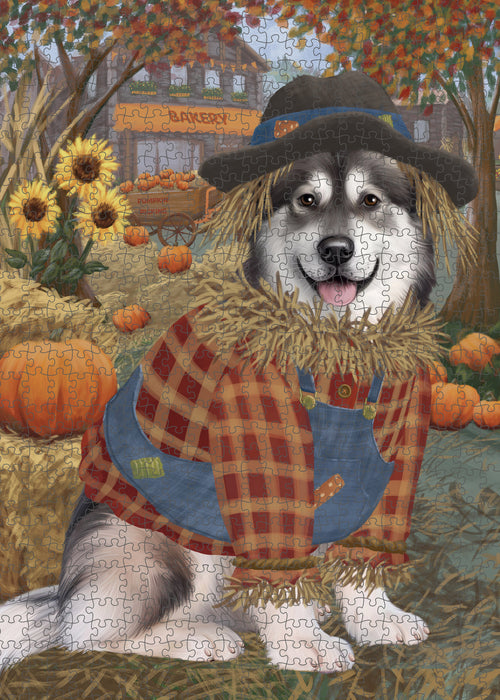 Halloween 'Round Town And Fall Pumpkin Scarecrow Both Alaskan Malamute Dogs Puzzle with Photo Tin PUZL96388