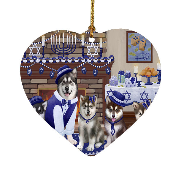 Happy Hanukkah Family Alaskan Malamute Dogs Heart Christmas Ornament HPOR57581