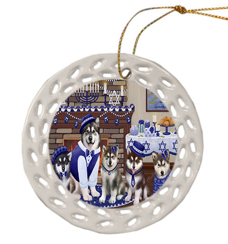 Happy Hanukkah Family Alaskan Malamute Dogs Ceramic Doily Ornament DPOR57581