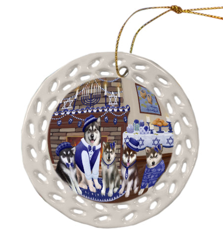 Happy Hanukkah Family Alaskan Malamute Dogs Doily Ornament DPOR57939