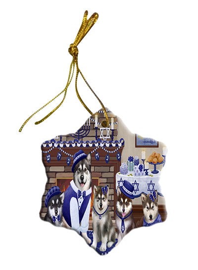 Happy Hanukkah Family Alaskan Malamute Dogs Star Porcelain Ornament SPOR57581