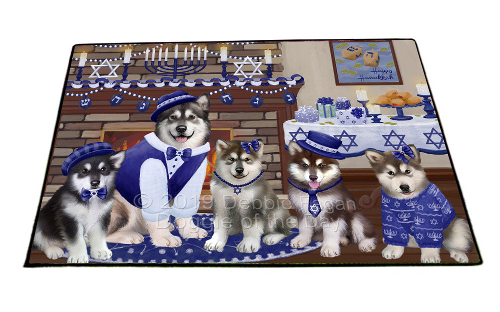 Happy Hanukkah Family and Happy Hanukkah Both Alaskan Malamute Dogs Floormat FLMS54005