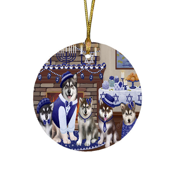 Happy Hanukkah Family and Happy Hanukkah Both Alaskan Malamute Dogs Round Flat Christmas Ornament RFPOR57485