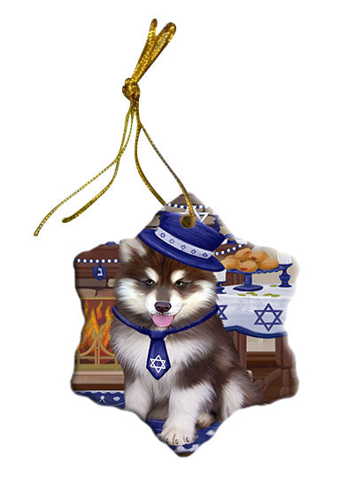 Happy Hanukkah Alaskan Malamute Dog Star Porcelain Ornament SPOR57637