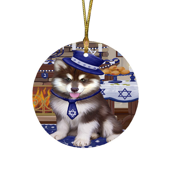 Happy Hanukkah Family and Happy Hanukkah Both Alaskan Malamute Dog Round Flat Christmas Ornament RFPOR57541