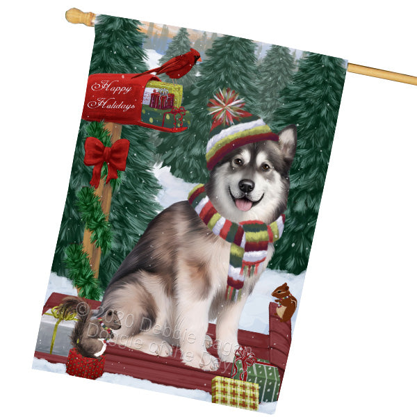 Christmas Woodland Sled Alaskan Malamute Dog House Flag Outdoor Decorative Double Sided Pet Portrait Weather Resistant Premium Quality Animal Printed Home Decorative Flags 100% Polyester FLG69508