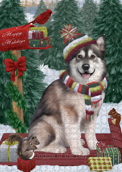Christmas Woodland Sled Alaskan Malamute Dog Portrait Jigsaw Puzzle for Adults Animal Interlocking Puzzle Game Unique Gift for Dog Lover's with Metal Tin Box PZL831