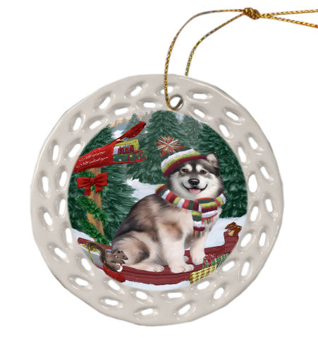 Christmas Woodland Sled Alaskan Malamute Dog Doily Ornament DPOR59006