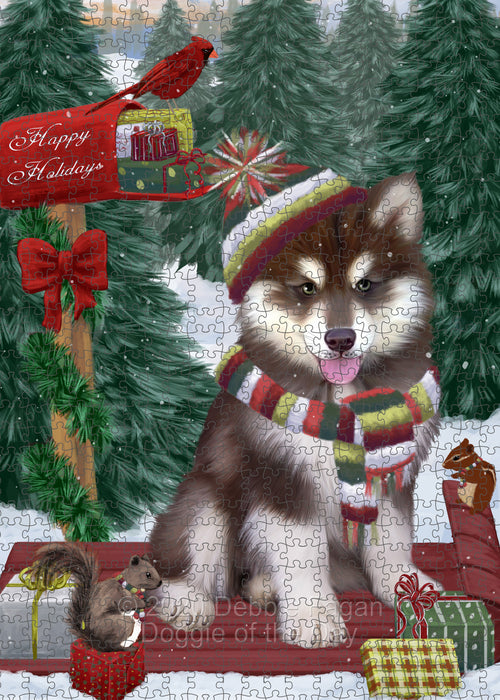 Christmas Woodland Sled Alaskan Malamute Dog Portrait Jigsaw Puzzle for Adults Animal Interlocking Puzzle Game Unique Gift for Dog Lover's with Metal Tin Box PZL832