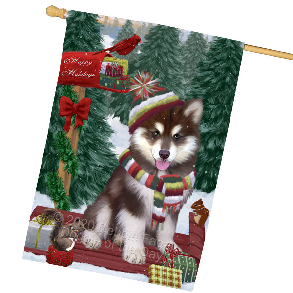 Christmas Woodland Sled Alaskan Malamute Dog House Flag Outdoor Decorative Double Sided Pet Portrait Weather Resistant Premium Quality Animal Printed Home Decorative Flags 100% Polyester FLG69509