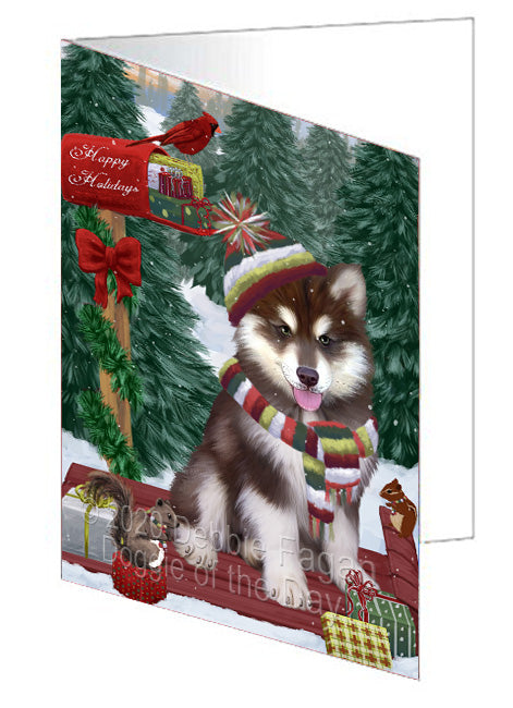 Christmas Woodland Sled Alaskan Malamute Dog Handmade Artwork Assorted Pets Greeting Cards and Note Cards with Envelopes for All Occasions and Holiday Seasons