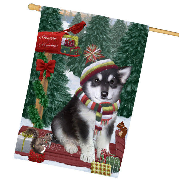 Christmas Woodland Sled Alaskan Malamute Dog House Flag Outdoor Decorative Double Sided Pet Portrait Weather Resistant Premium Quality Animal Printed Home Decorative Flags 100% Polyester FLG69510
